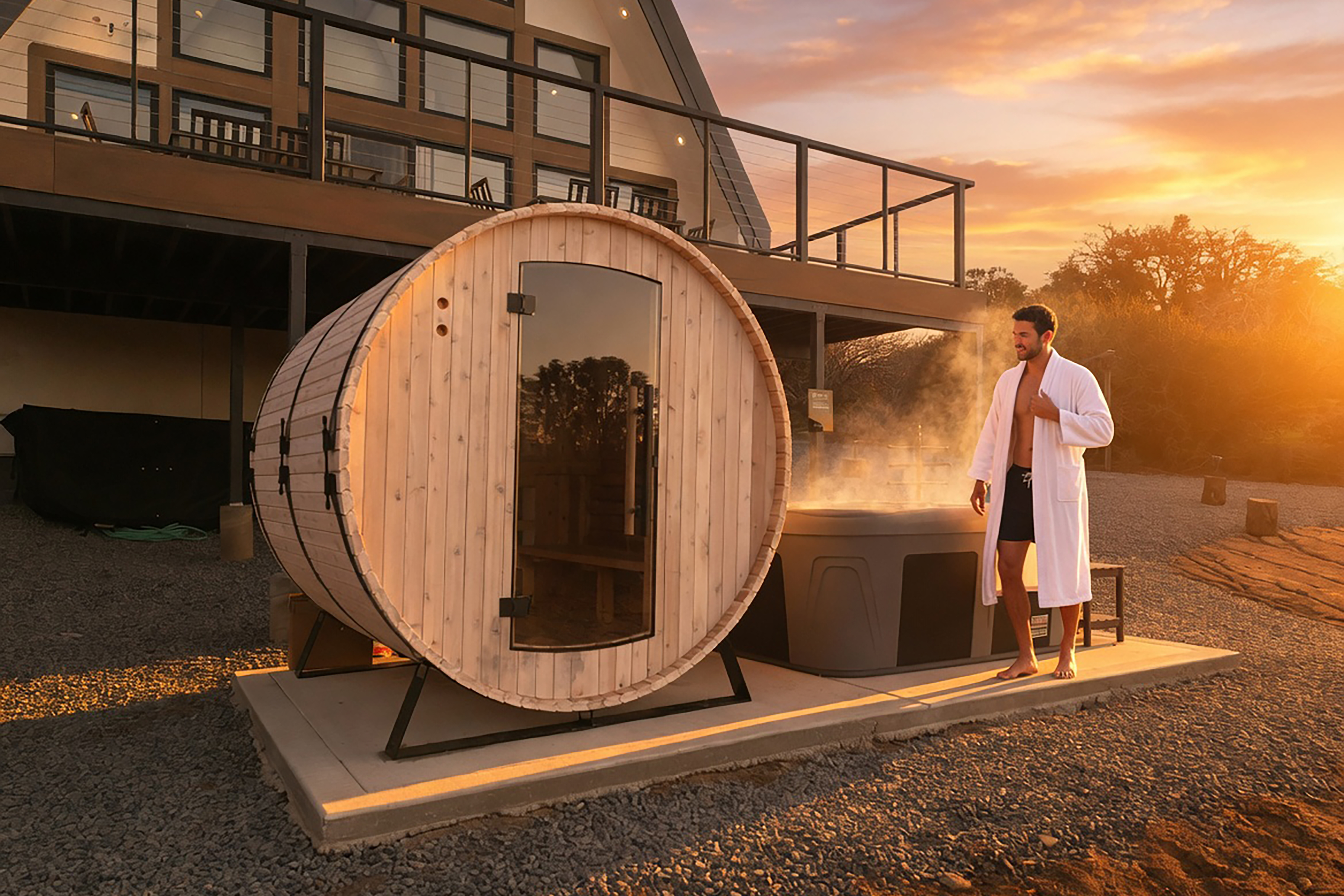 Cedar barrel sauna and hot tub at the Sierra Summit A-Frame at sunset
